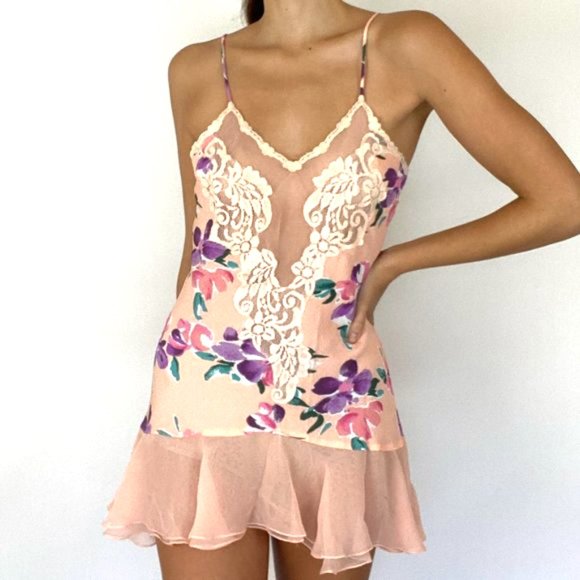 Vintage Peach Floral Ruffle Lace Mini Slip Dress - Picture 10 of 12